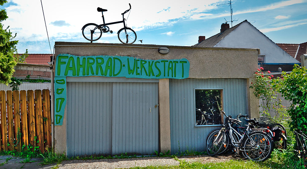 Außenaufnahme der Fahrradwerkstatt.